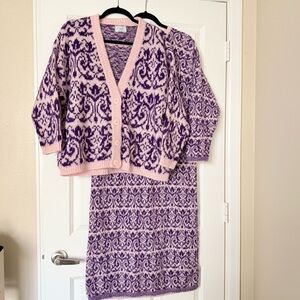 Vintage Benetton Sweater Dress Cardigan Long Sleeve Jacquard Print Set Size 44